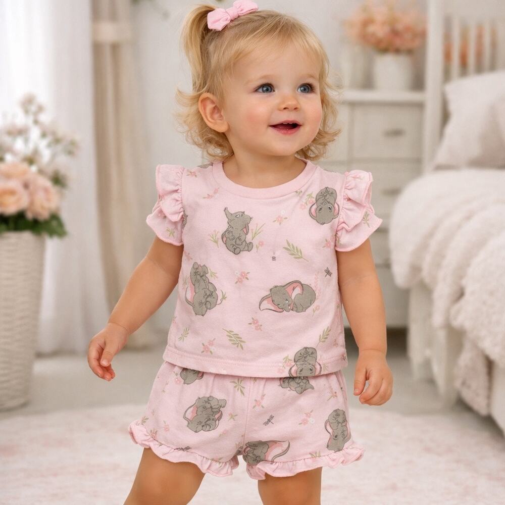 Disney Baby Dumbo Outfit 18M Pink Set Ruffle Shorts Summer Toddler Girl